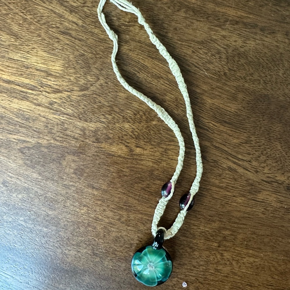 Vintage Hemp Necklace with Green Floral Glass Bead